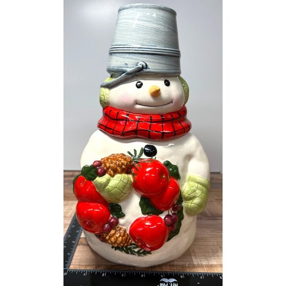 Hallmark Snowman Holiday Cookie Jar Ceramic Metal Bucket Hat Large - Picture 1 of 6